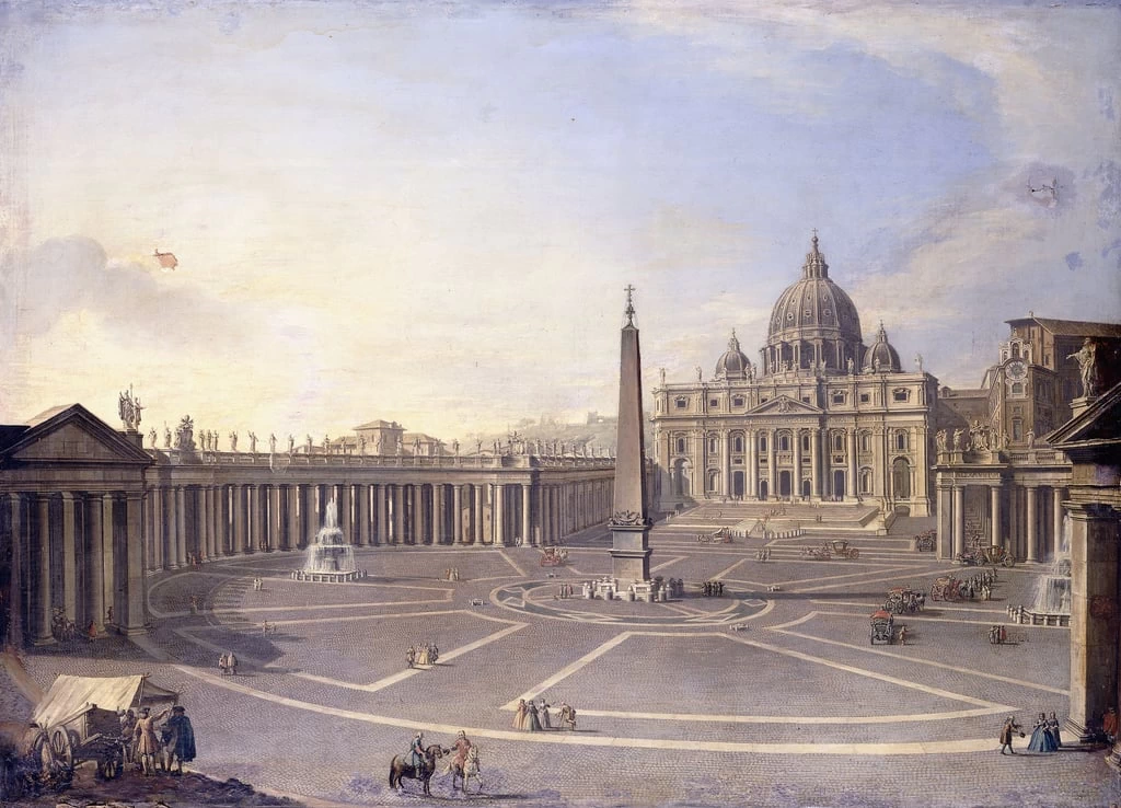 Una veduta di San Pietro, Roma con il colonnato del Bernini e una processione in carrozze